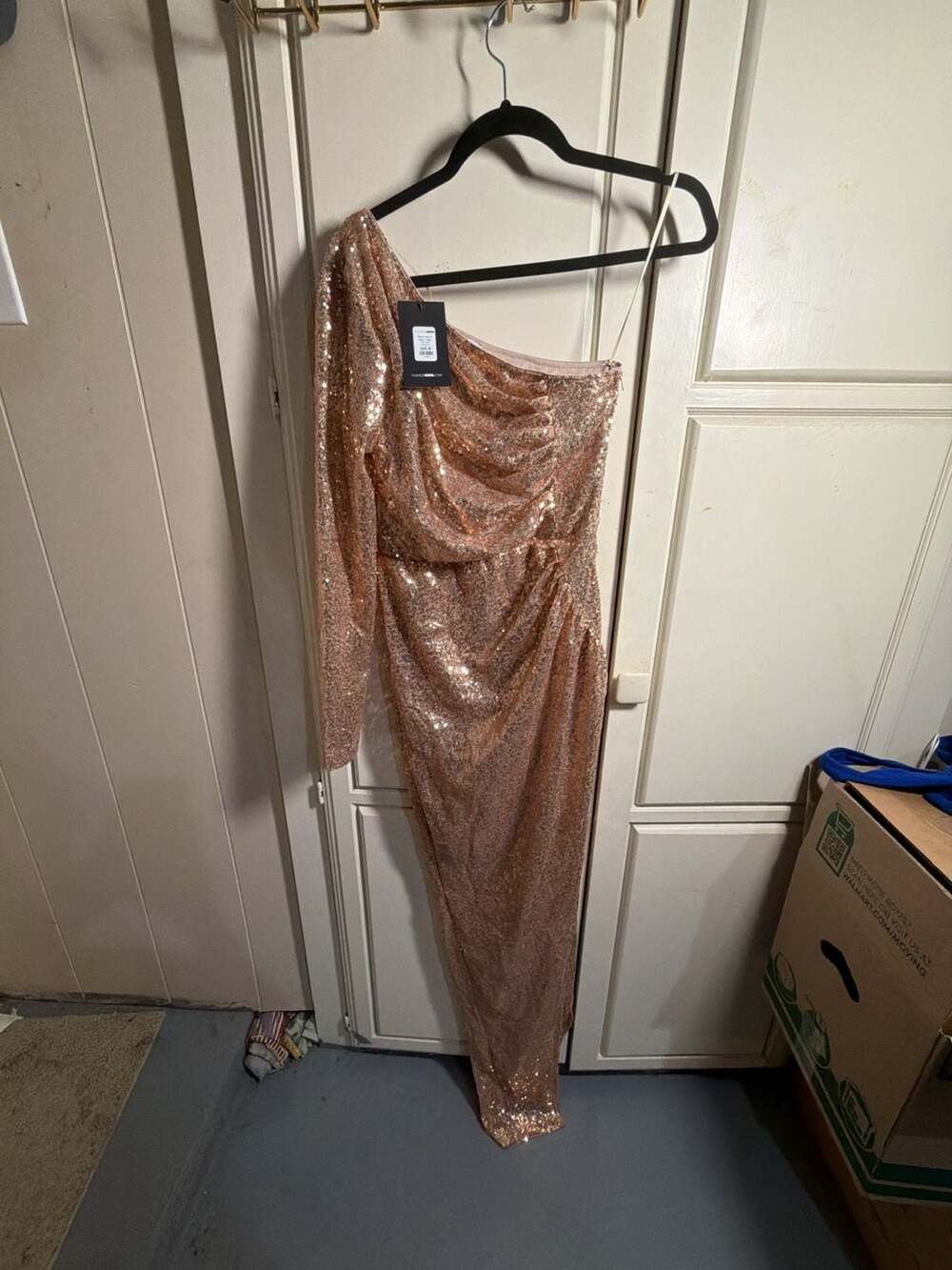 Fashion Nova Starla Sequin One-Shoulder Long Sleeve Maxi Dress in Rose Gold